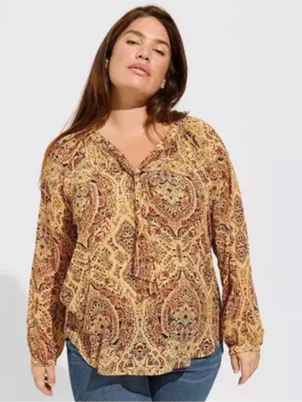 Torrid Womens Long Sleeve Crinkle Raglan Tie Front Top Size 2X Tan Office Boho